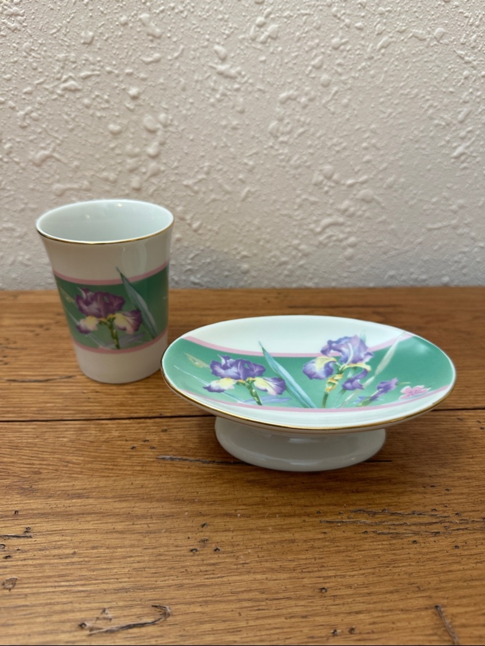 Otagiri Green and Purple Iris Porcelain Footed Dish and Tumbler Set